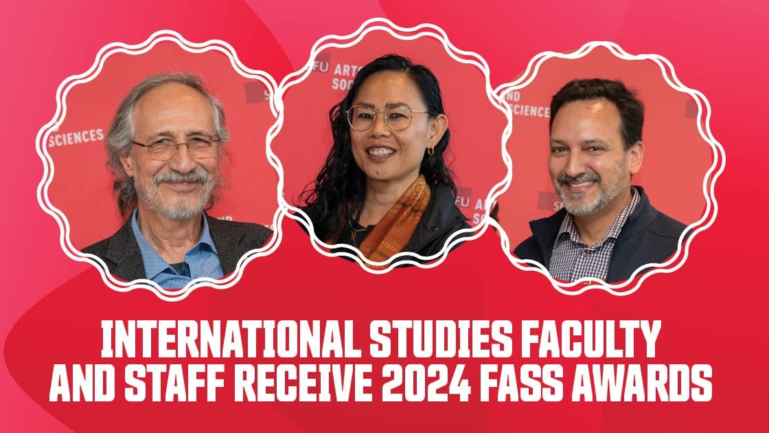 A collage of three portraits of the International Studies award recipients on a red background. From left to right is Gerardo Otero, Ellen Siew Meng Yap, and Tamir Moustafa