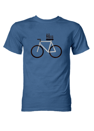 Blue t-shirt with a bike on the front. The bike has people standing on its seat.