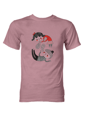 Pink t-shirt with two falling children on the front.