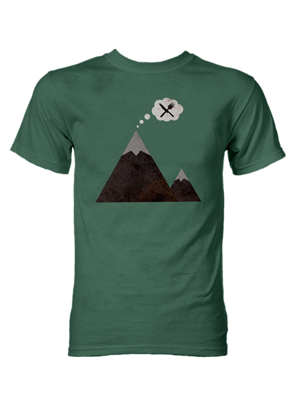 Green t-shirt with two mountains on the front. The tall mountain is thinking about food.
