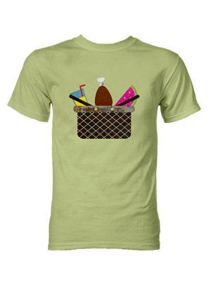 Yellow t-shirt with a picnic basket containing chicken, watermelon, and lemonade on the front.