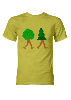 Yellow t-shirt with walking trees on the front.