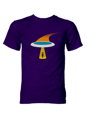 Purple t-shirt with a UFO abducting a man on the front.