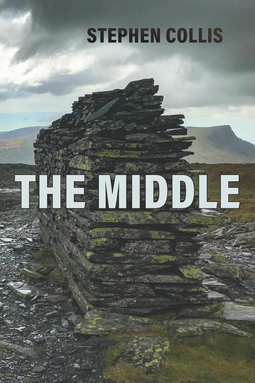 large pile of rocks and cloudy sky; the book title "The Middle