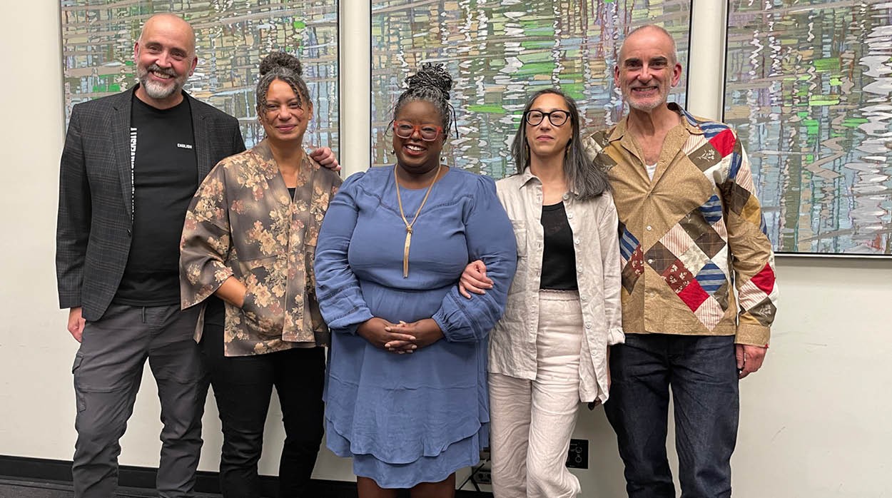 Standing from left to right: Stephen Collis, Cecily Nicholson, Junie Désil, Mercedes Eng, and Clint Burnham