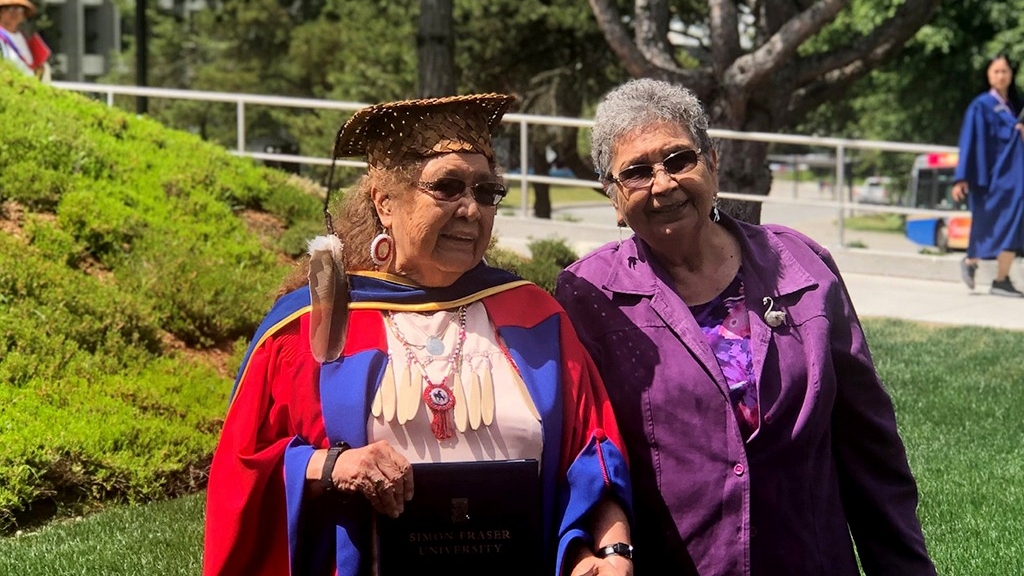 Coast Salish Elder Ruby Peters, pictured (left) with a family member.