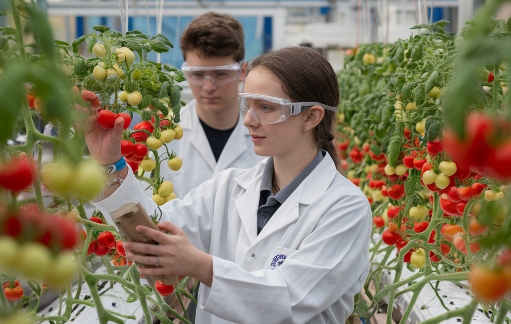 Students checking quality of indoor grown tomatoes