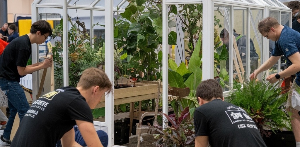 Students working around a mini-greenhouse