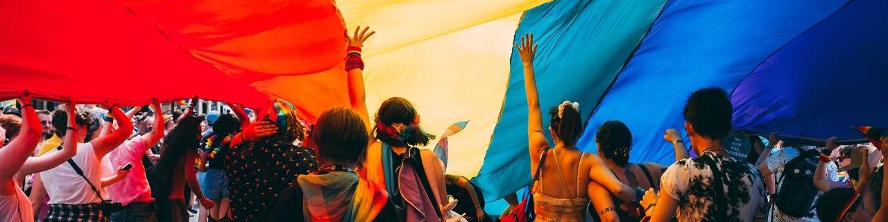 A crowd of people walking under a rainbow flag at a Pride event