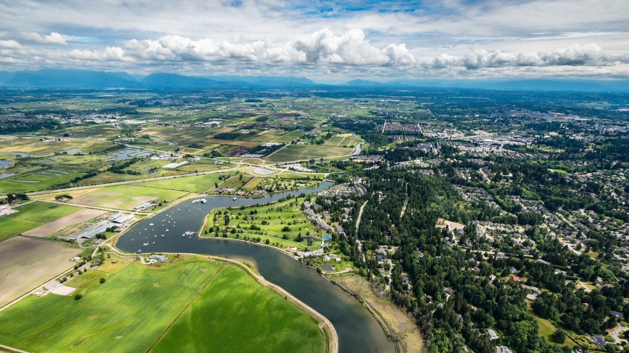 Aerial photo of Surrey focusing on the SFU Surrey campus buildings