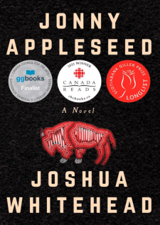 Book cover for the Johnny Appleseed by Joshua Whitehead. The text is written in bold beige lettering against a black textured background, and at the center of the image is a buffalo made of red and white beading.