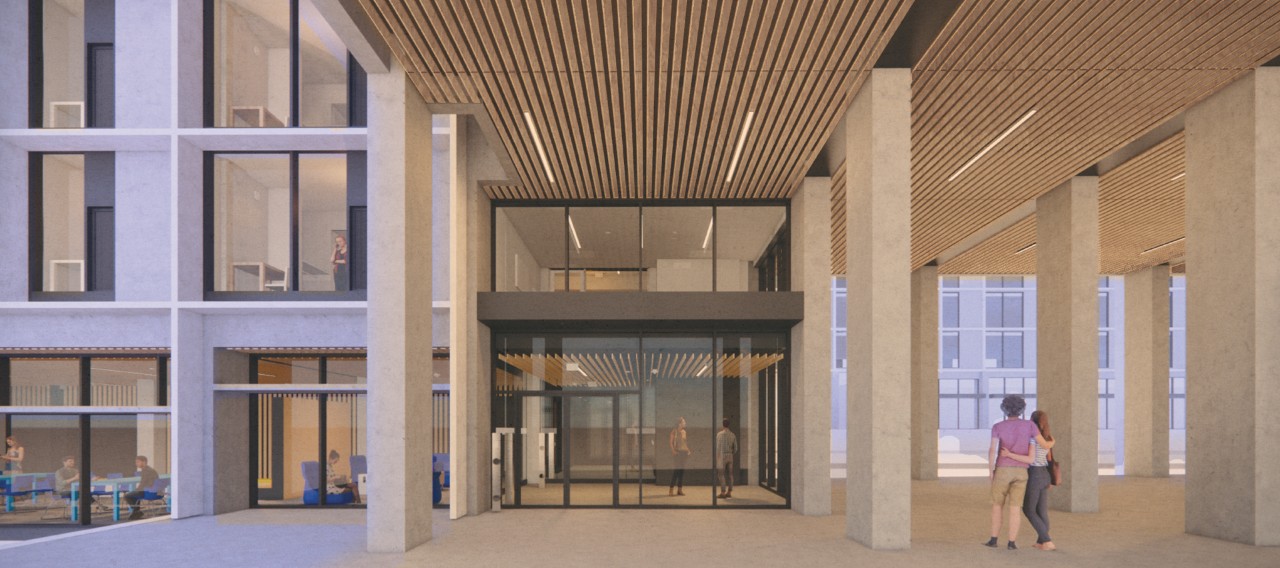 Rendering image of phase three new building set on a sunny day with people walking around. Image provided by Public Architecture