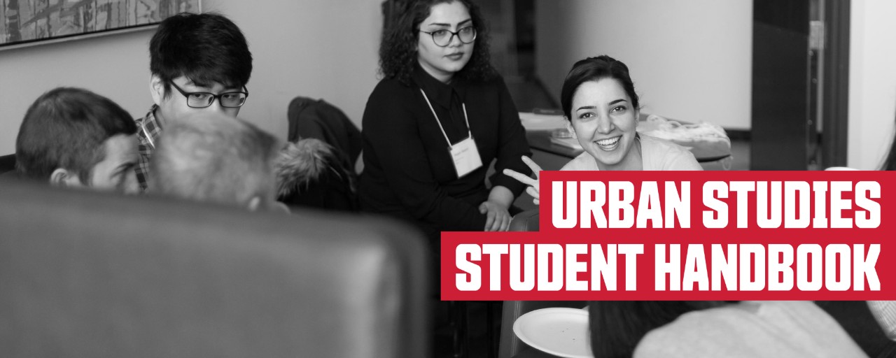 Black and white photo of seated university students; header: Urban Studies Handbook