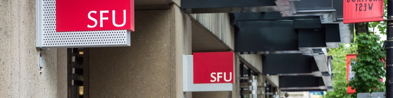 SFU signage at the Harbour Centre campus; header: news