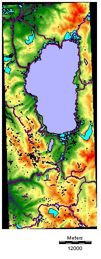 DEM image with lakes and built up areas vector layers.