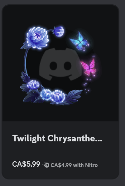 A paid Discord profile picture frame with blue flowery design which costs CA$5.99