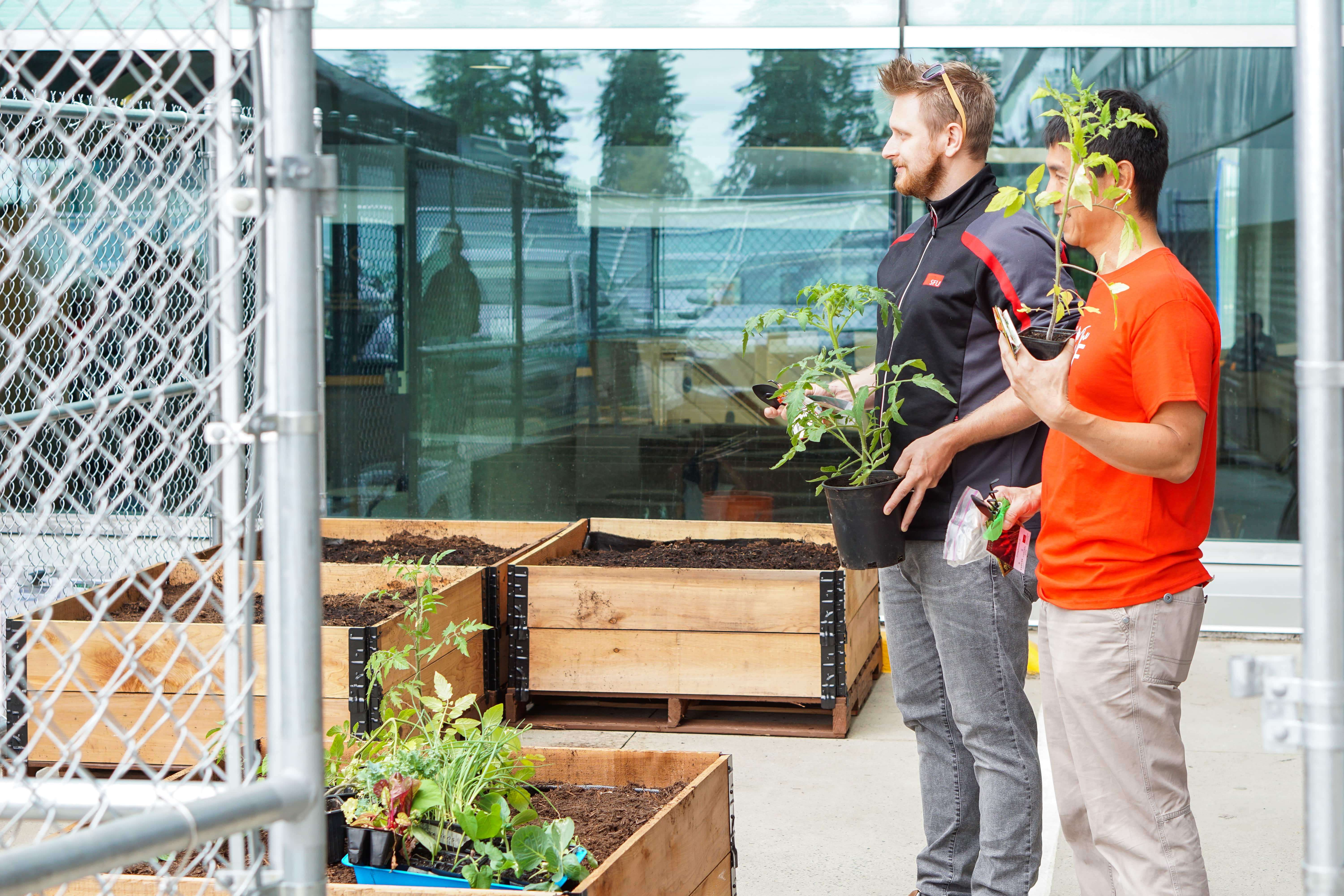 Two people carrying potted plants.