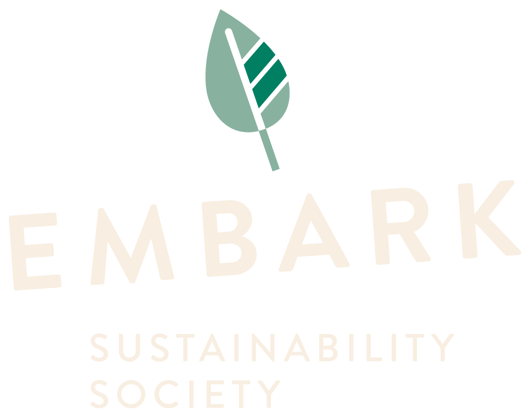 A light green leaf with two darker stripes, with a name that reads Embark Sustainability Society below