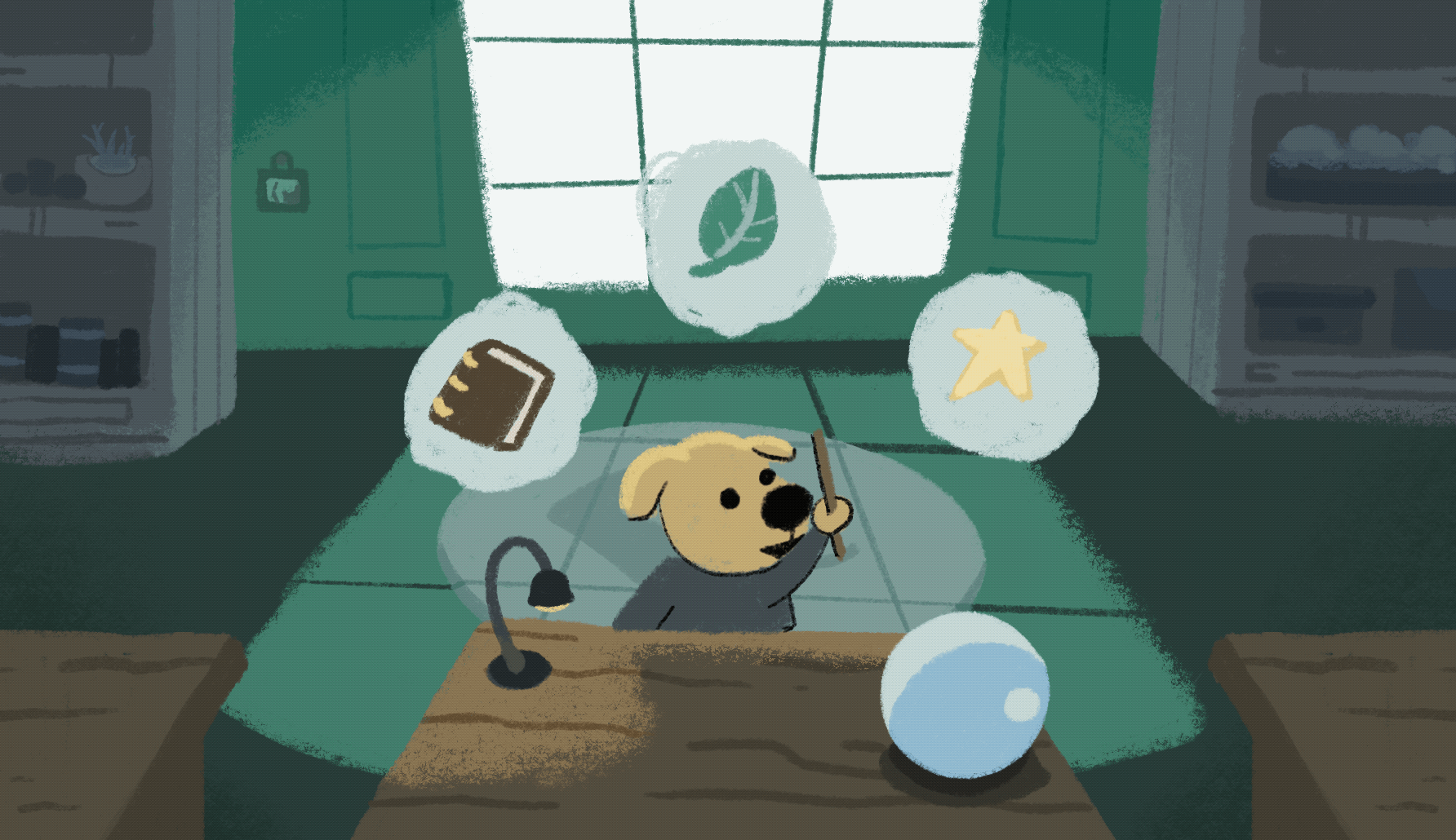 Wizard dog showing a leaf, a book, and a star.