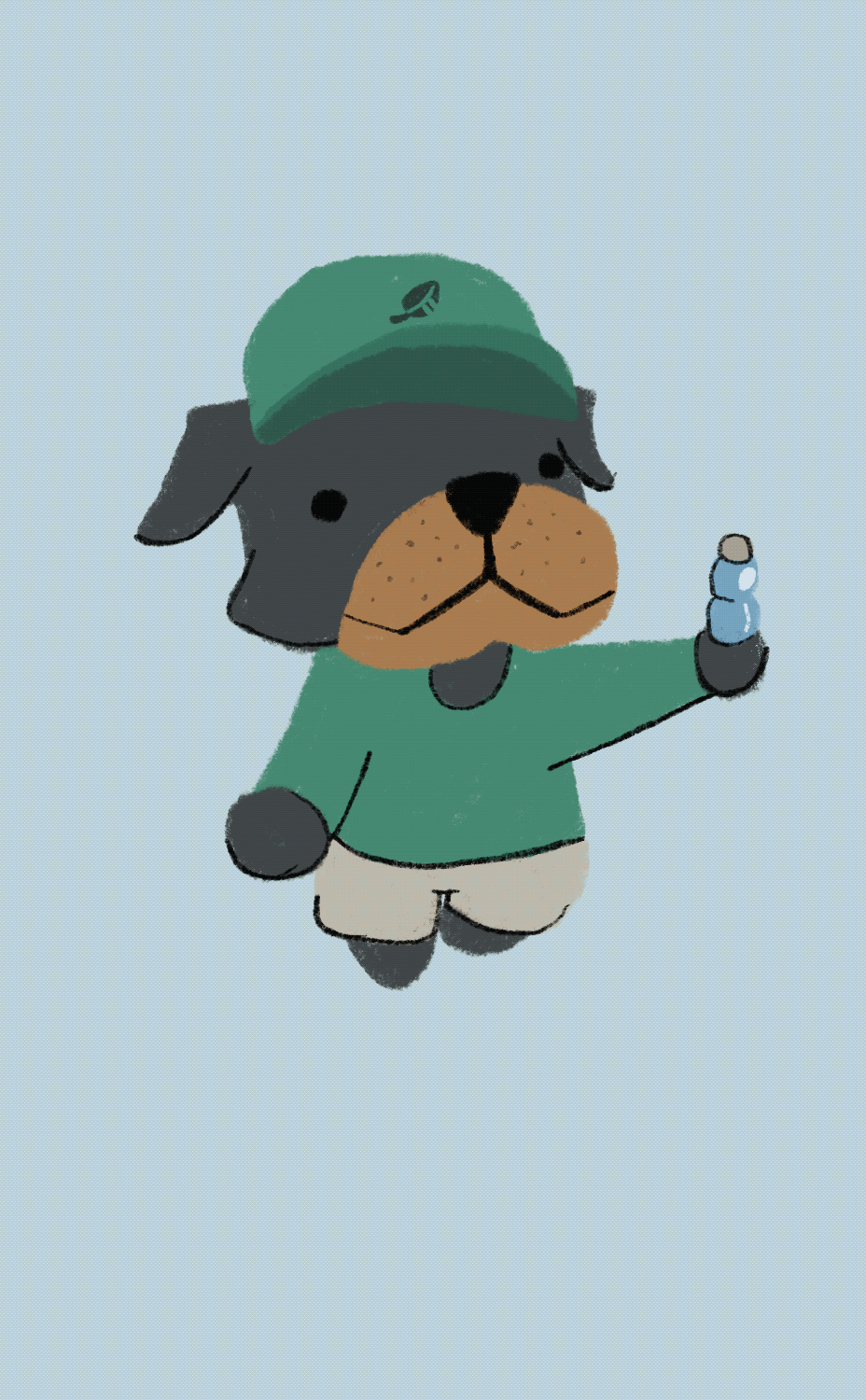 Dog wearing a green hat, and beige shorts holding a water bottle
