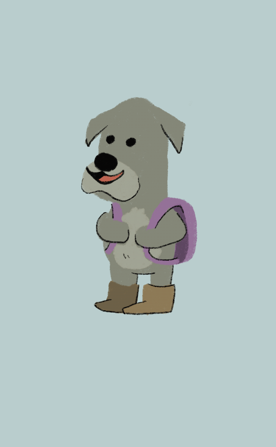 Grey dog wearing a purple backpack