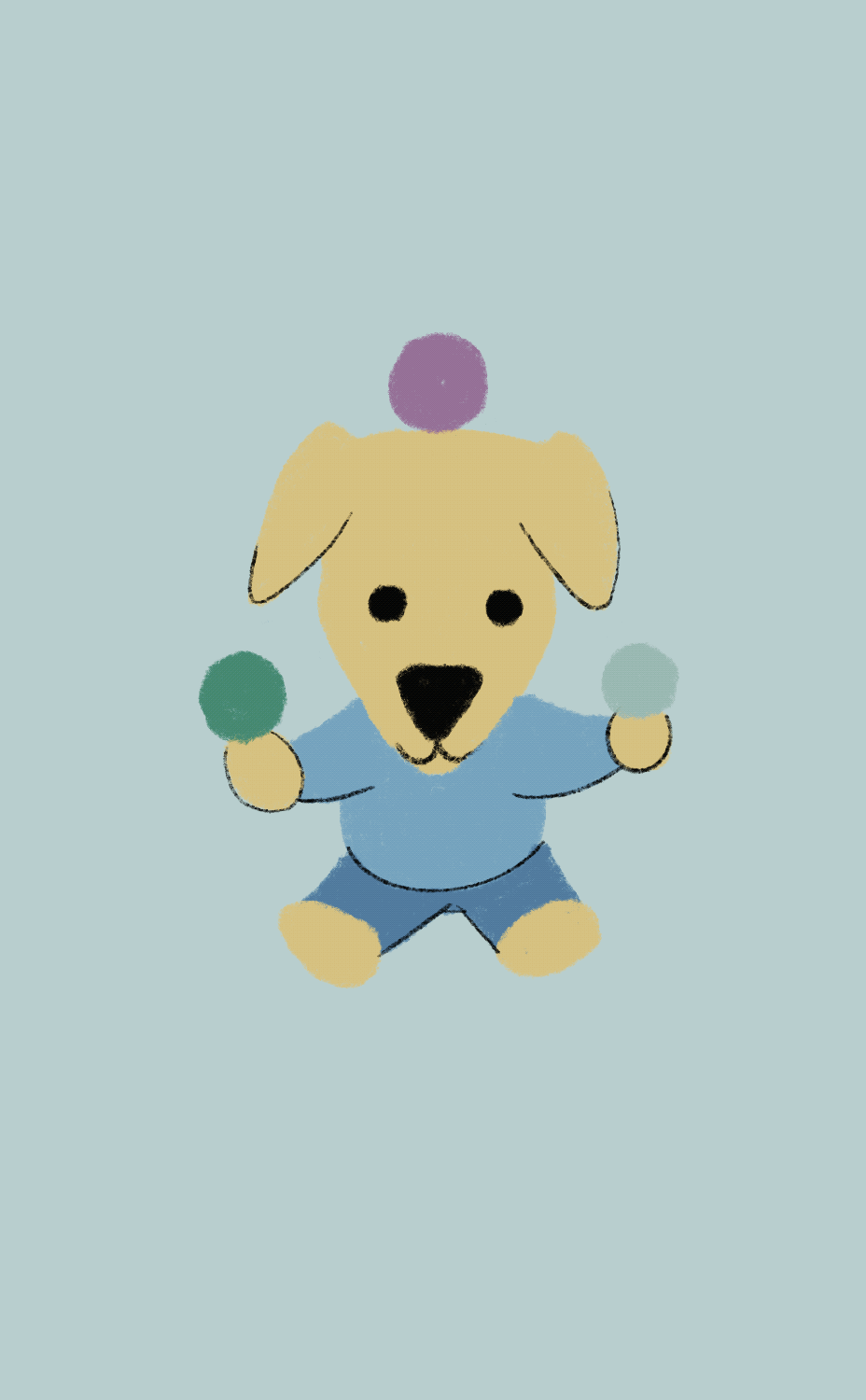 Yellow dog juggling three balls in the air