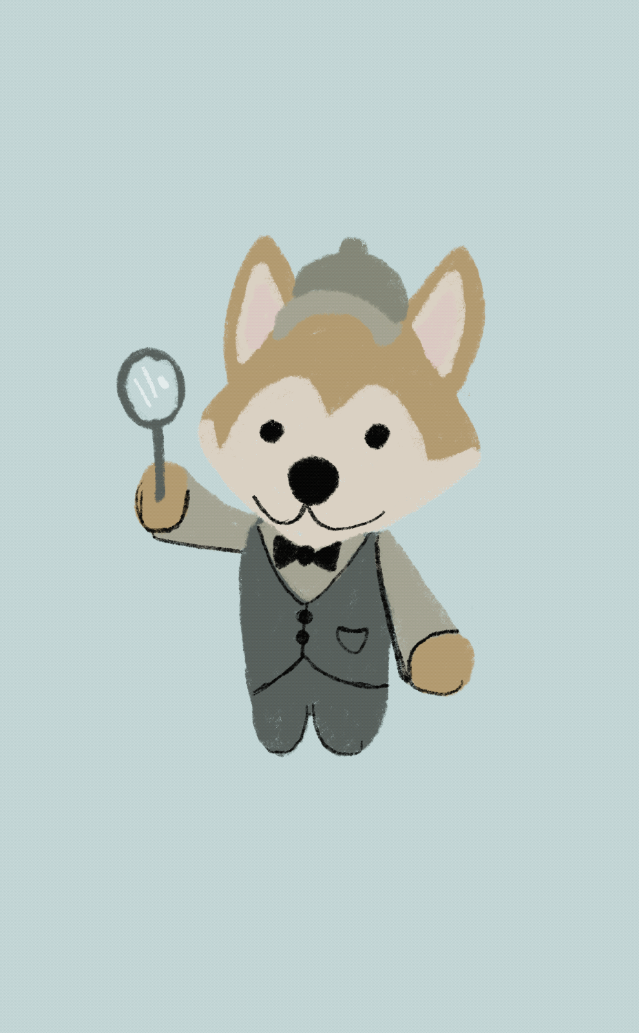 Dog dressed up in a detective outfit holding a magnifying glass