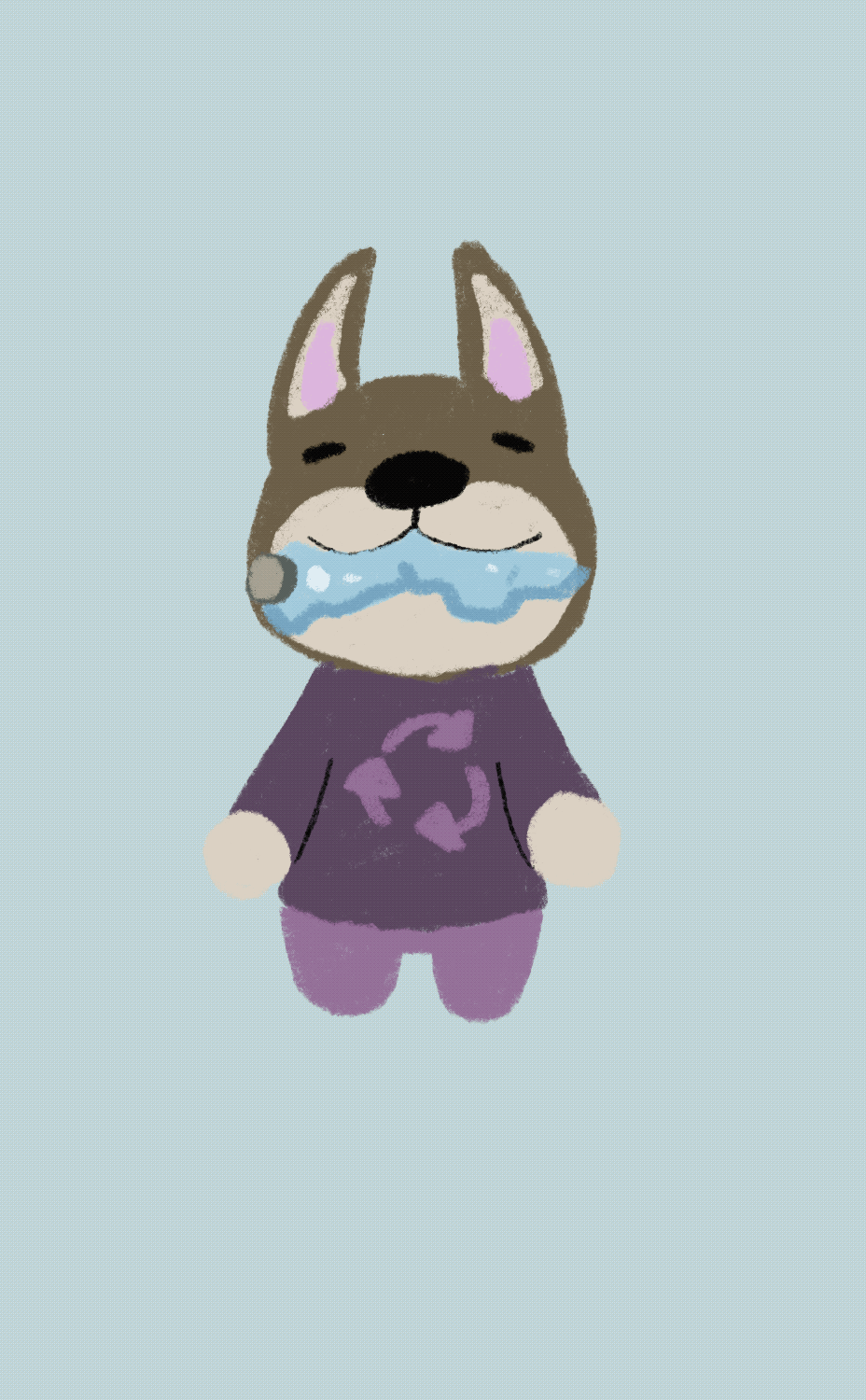 Dog with a purple shirt eating a plastic bottle