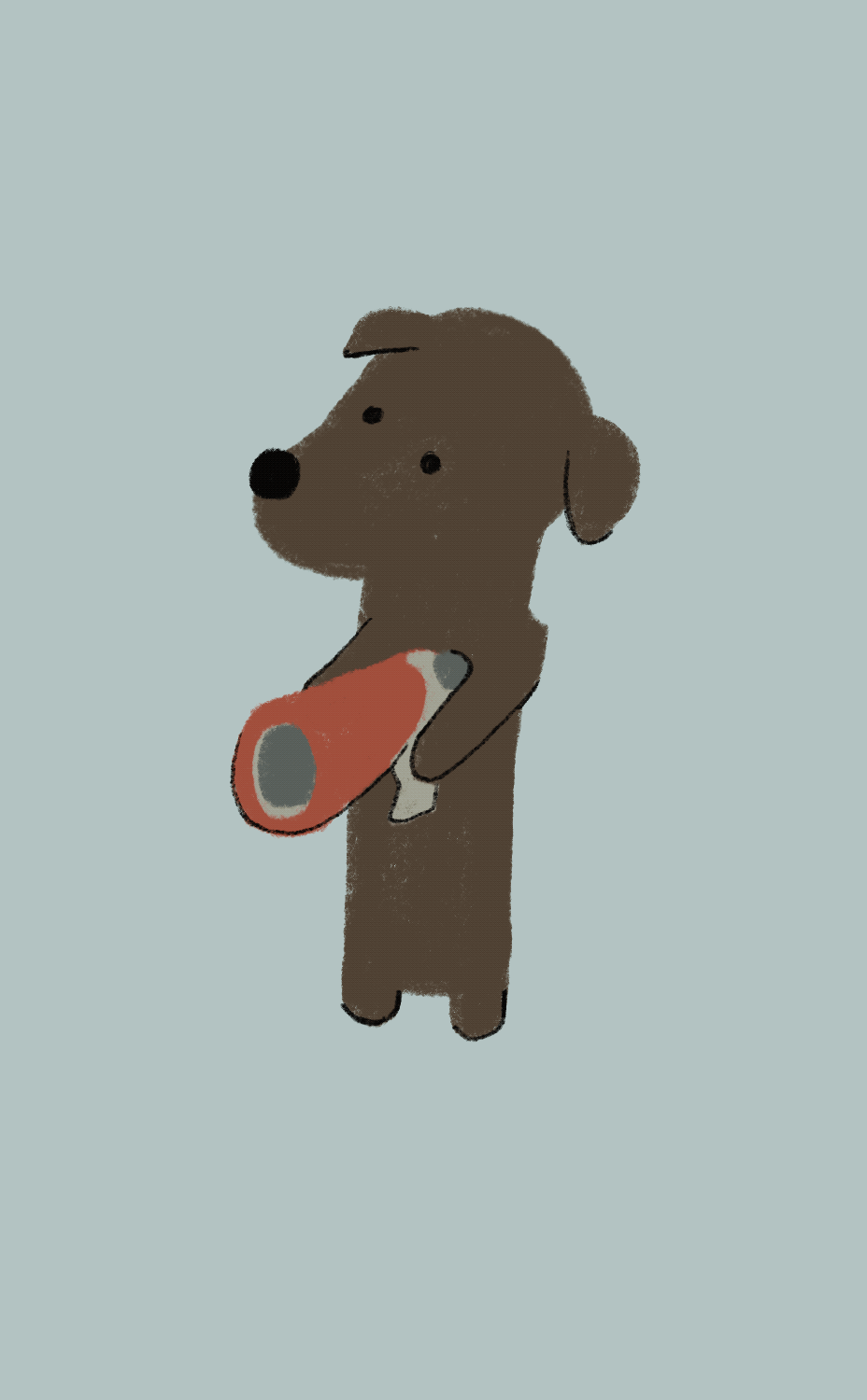 Brown dog holding a red megaphone