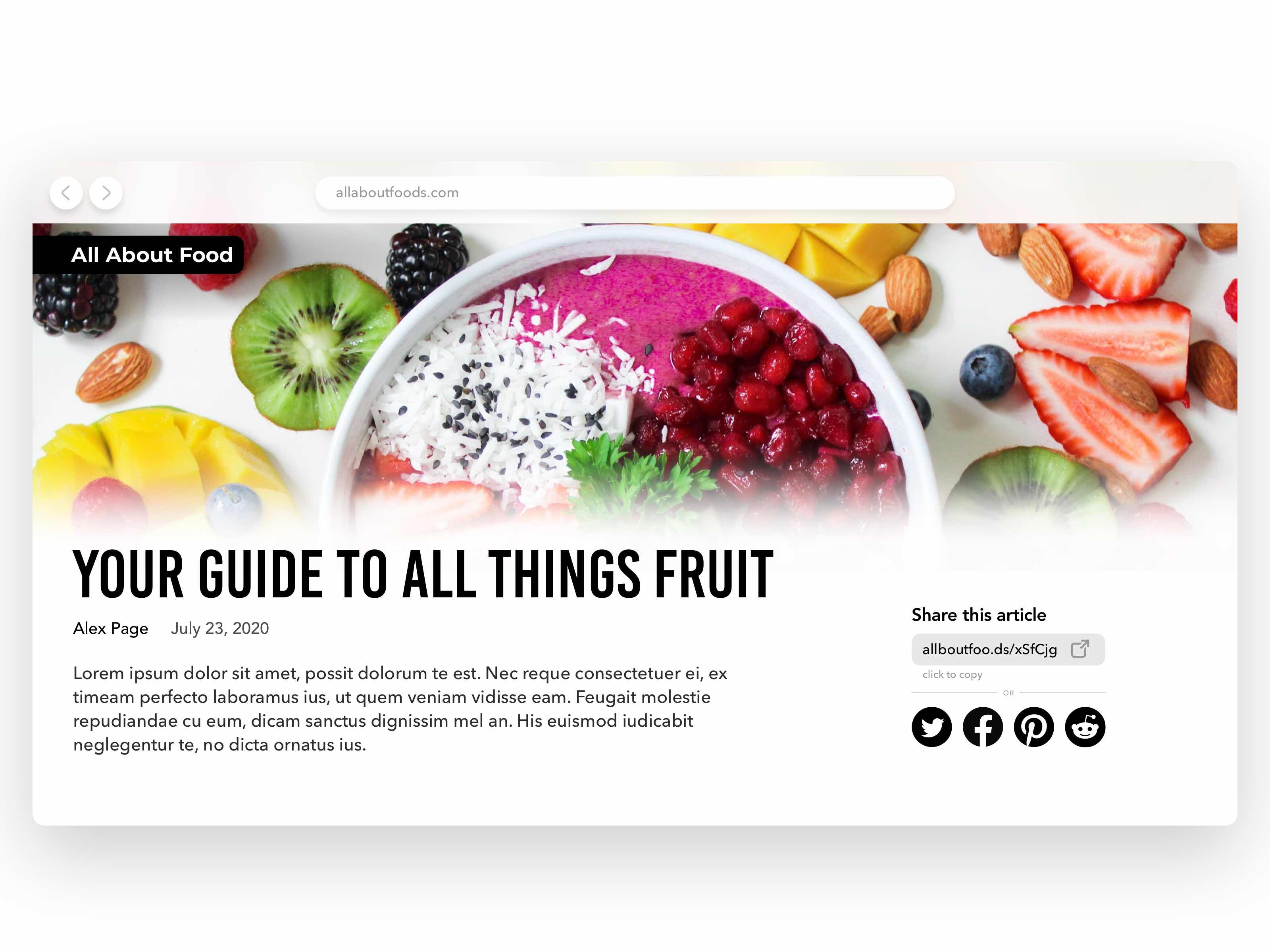 article about fruit with share buttons added to the right