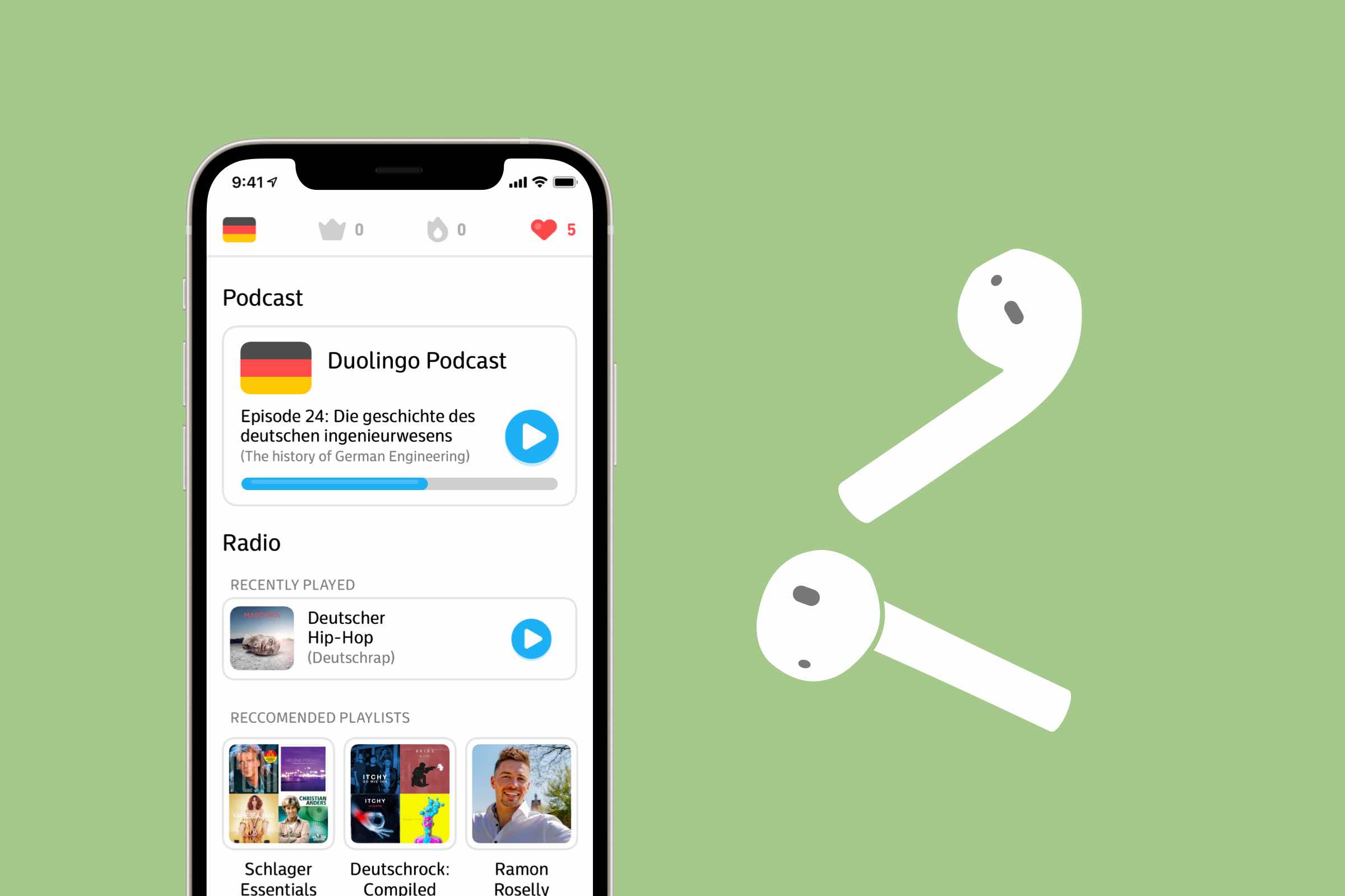 phone with Duolingo design with earbuds in the side