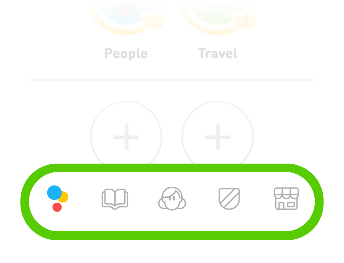 screenshot of duolingo's bottom navigation bar with emphasis