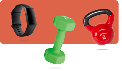 An image fitbit, dumbell, and kettlebell