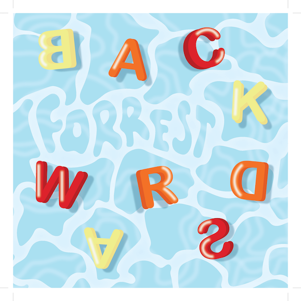 The finalized music booklet cover for Forrest.'s Backwards song with pool toys floating around the water and having the artist name as the water's pattern