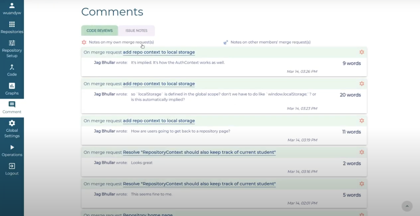 The Comment page - list of comments on merge requests inside a repository.