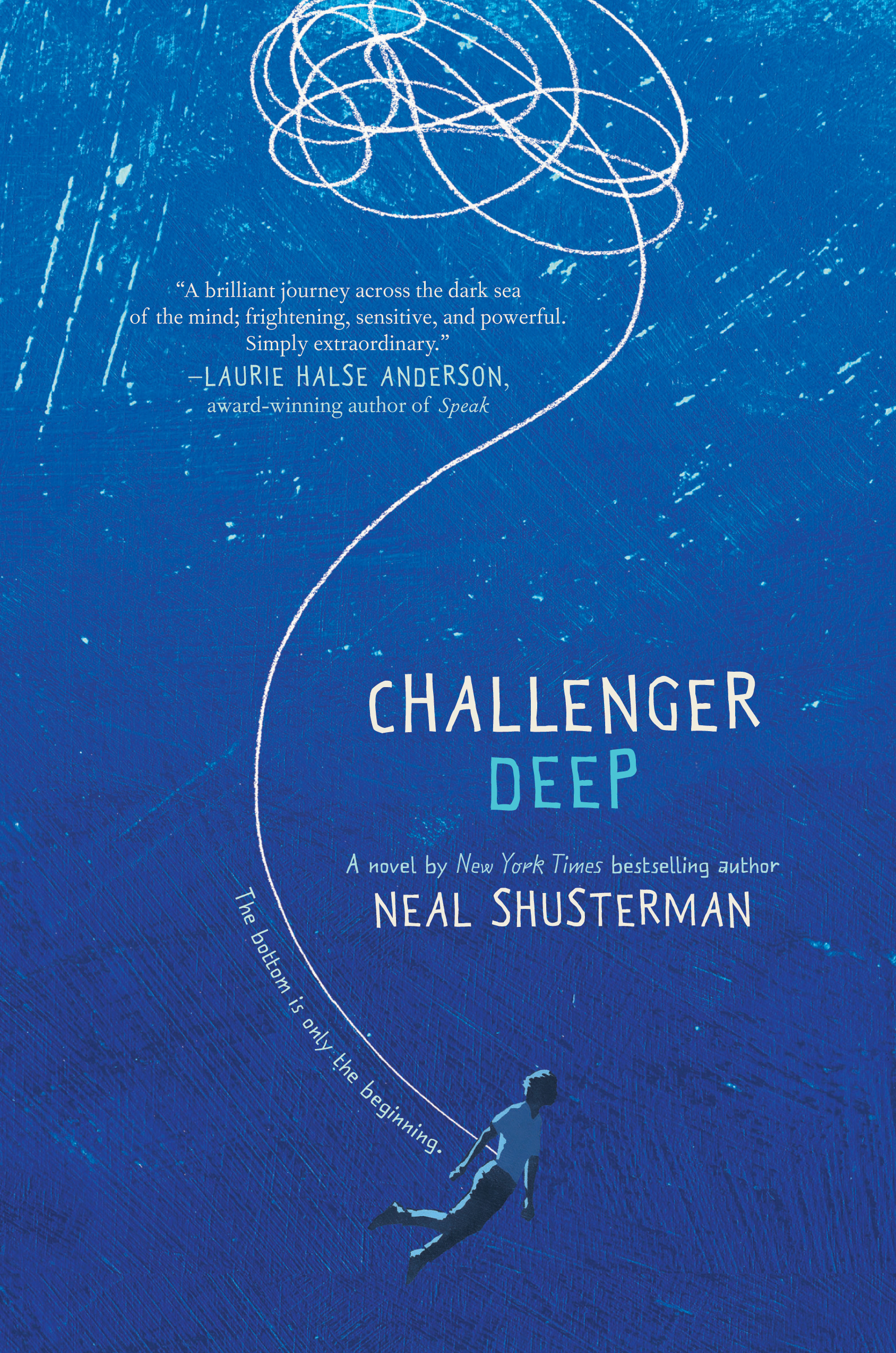 Challenger Deep cover. A bright blue cover with a person floating downward, with scribbles tracing their descent.