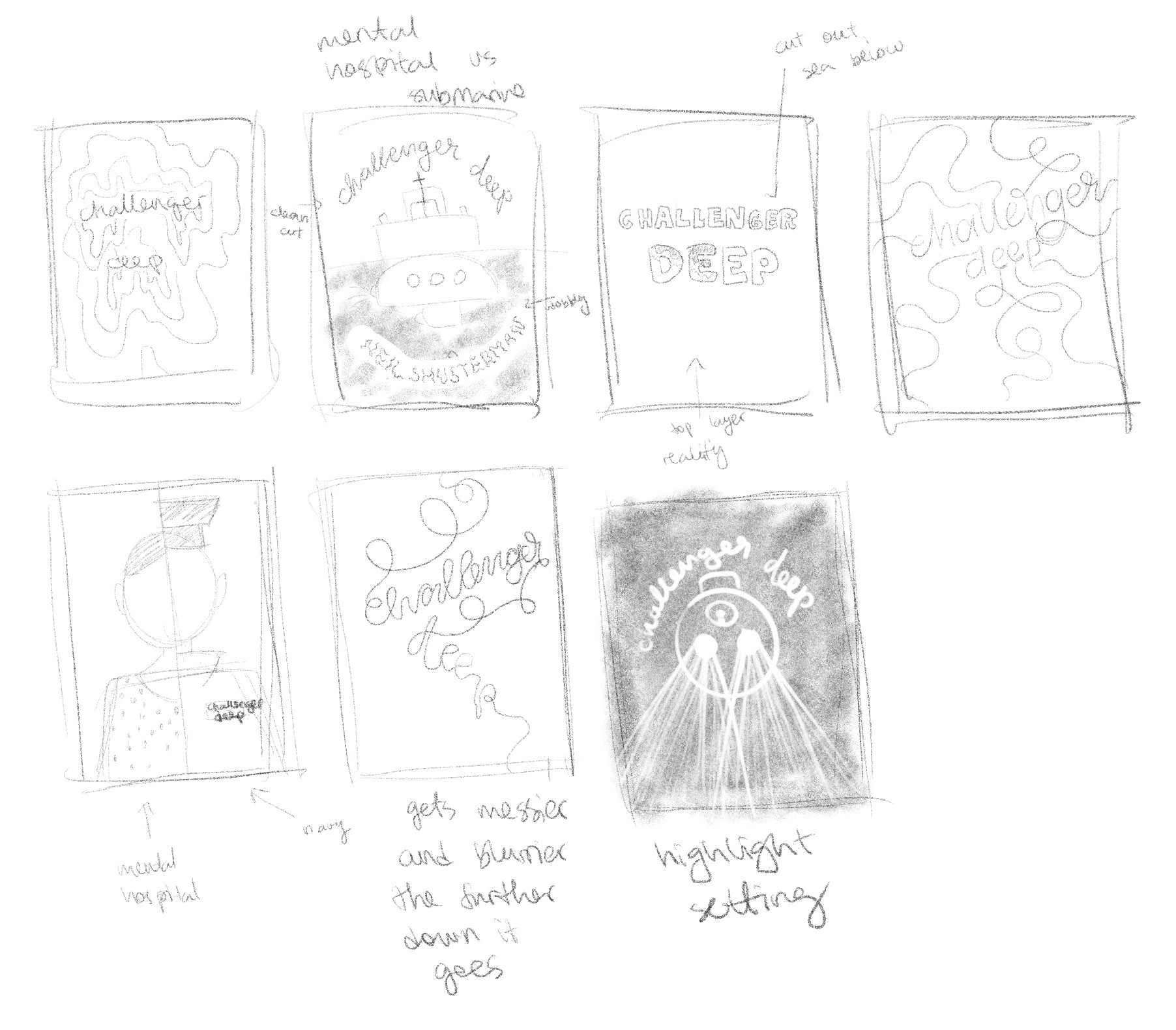 Sketches of seven cover ideas for Challenger Deep. They feature hand lettering, submarines, sailors, swooshing lines.