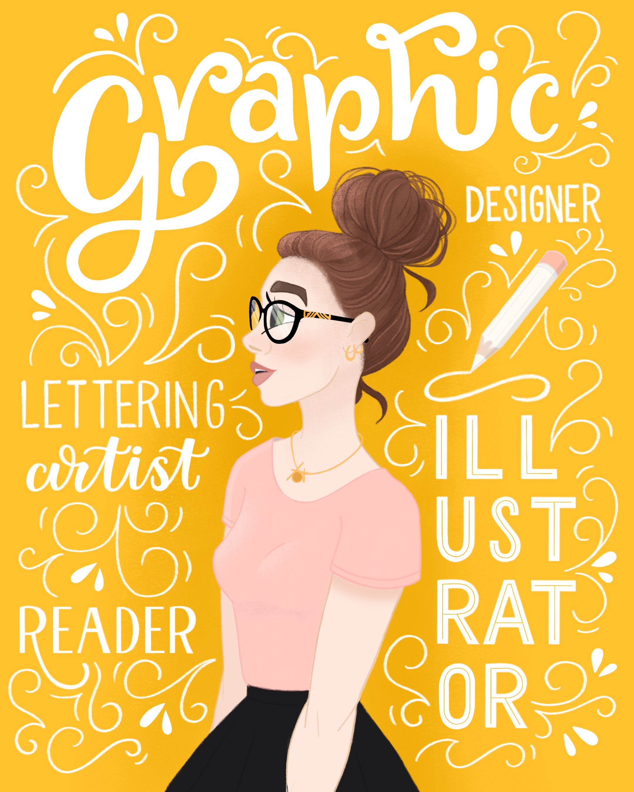 An illustration of Kristina Gorobets with lettering around her, reading 'illustrator,' 'graphic designer,' 'reader' and 'lettering artist' on a bright yellow background.
