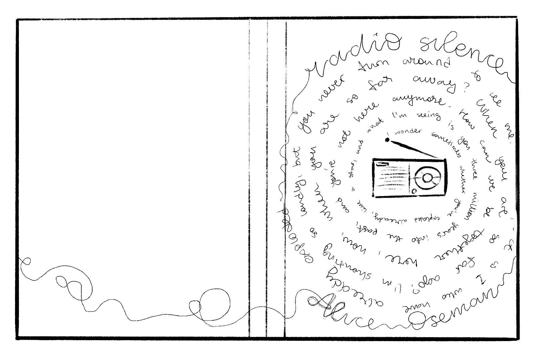 Radio Silence jacket sketch. There is a radio at the center, with words in cursive coming out of the antenna and swirling in a spiral around the radio.