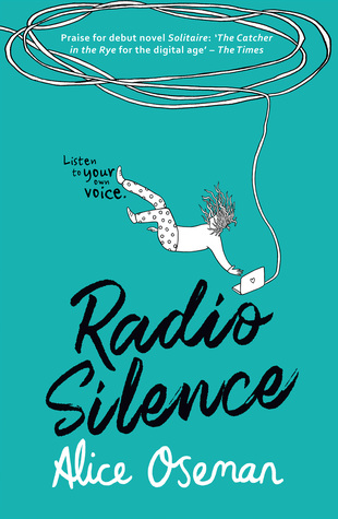 Radio Silence cover. Turquoise solid background, with a person free-floating down, reaching for their laptop. There is a cord floating up from the computer and forming a multi-layered circle at the top of the cover.