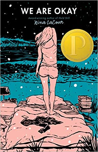 We Are Okay cover. A girl in shorts and a tank top is standing on a mattress, looking out at the winter landscape surrounding her. She has her back turned to us. Snow is falling all around her.