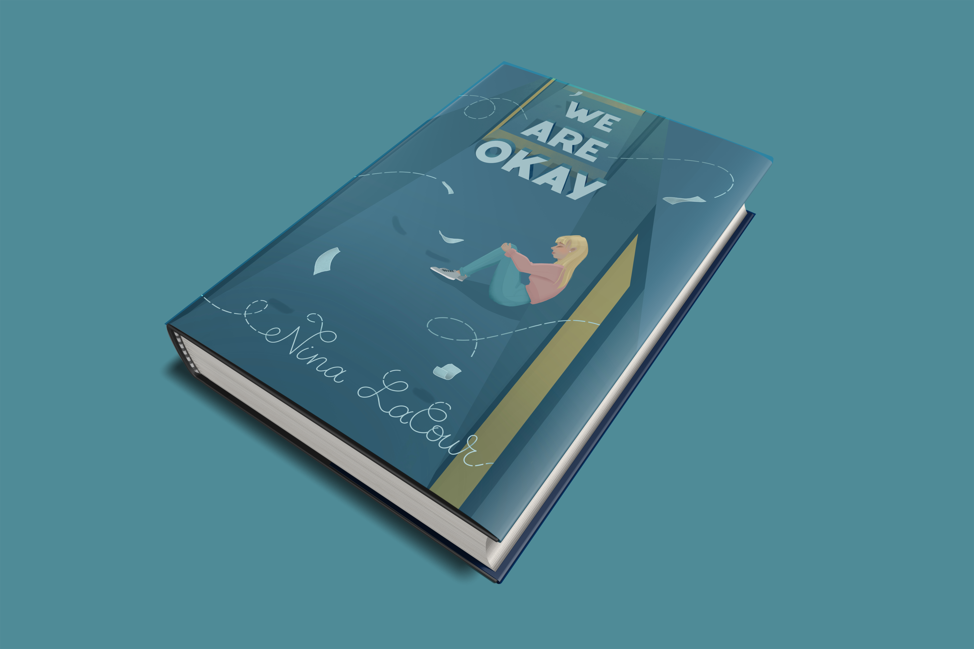 We Are Okay jacket design mockup. The book is positioned against a solid turquoise background.