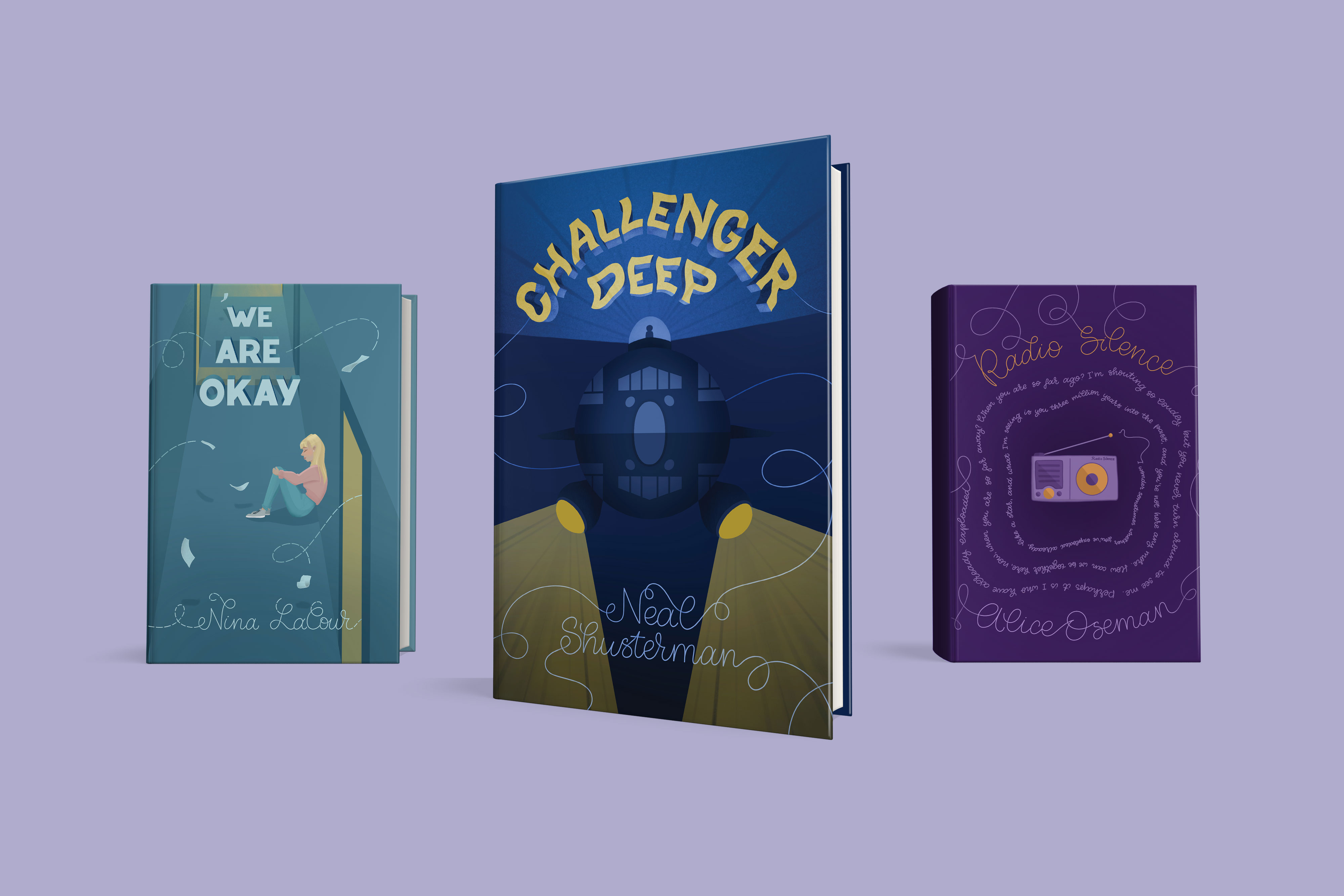 Three books on a lilac background. The book in the middle is Challenger deep, with a navy background and a submarine in the center. The book to the left is We Are Okay and is a teal cover with a person sitting alone in a hallway. The cover to the right is purple with a radio at the center and words coming out as if a radio signal.