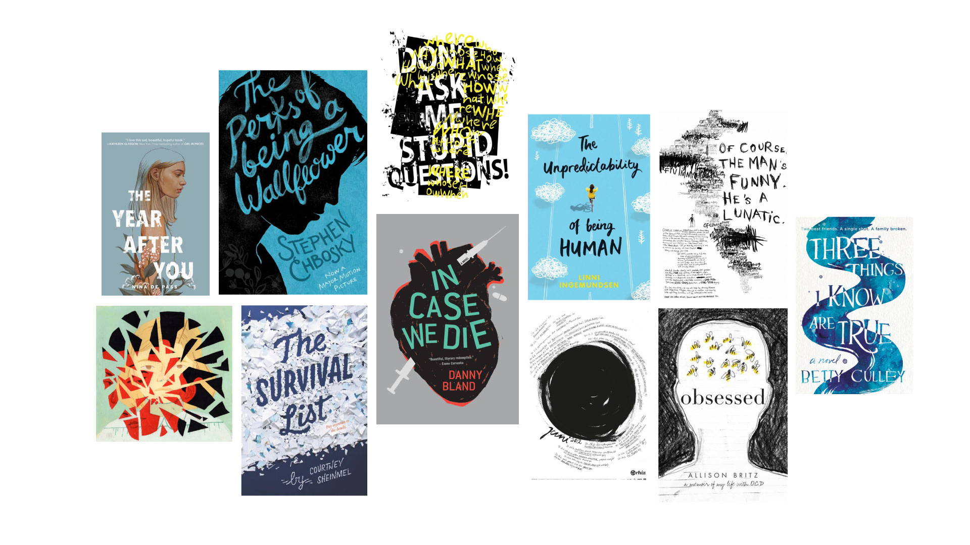A collection of images side by side, featuring scribbled text, silhouettes of people, book covers and posters, and fragments. The color scheme is predominantly blue, black and white.