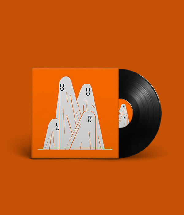 An orange  vinyl cover of a group of smiling ghosts.