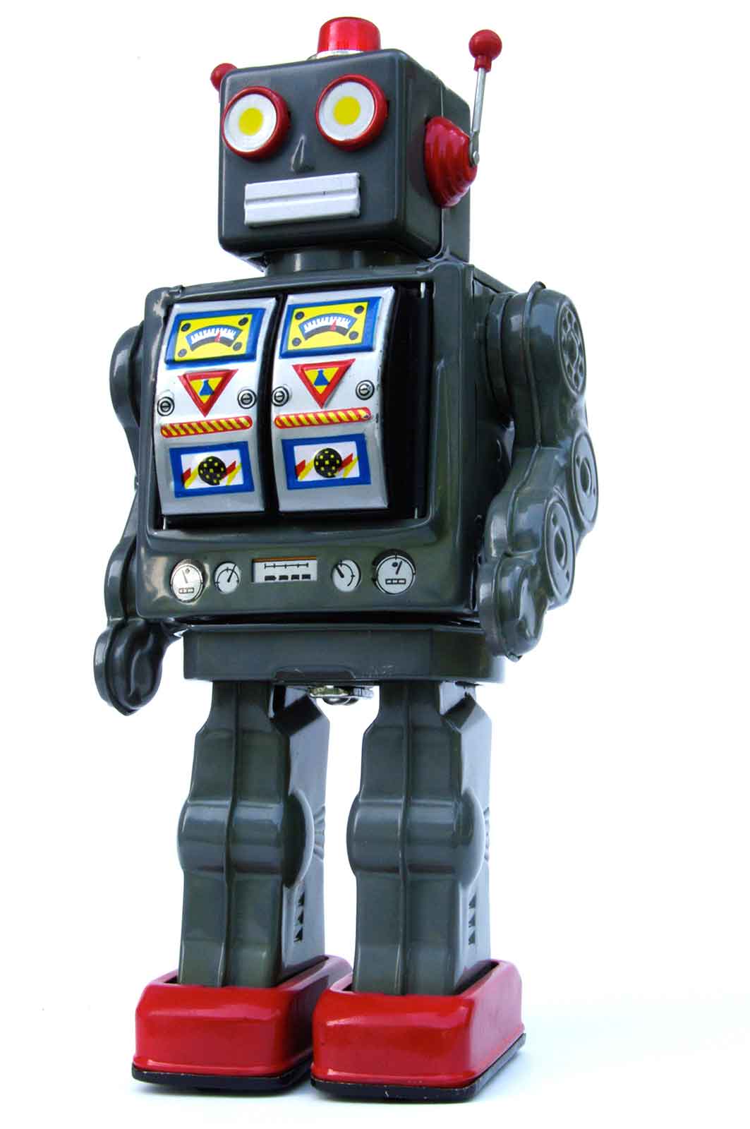 A toy robot with menacing expression