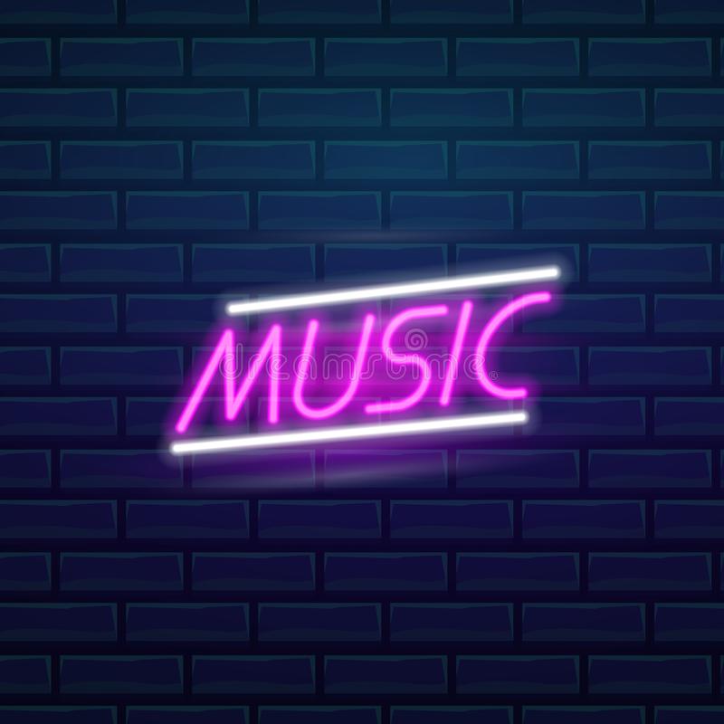 pink lit up neon sign on brick wall that says music