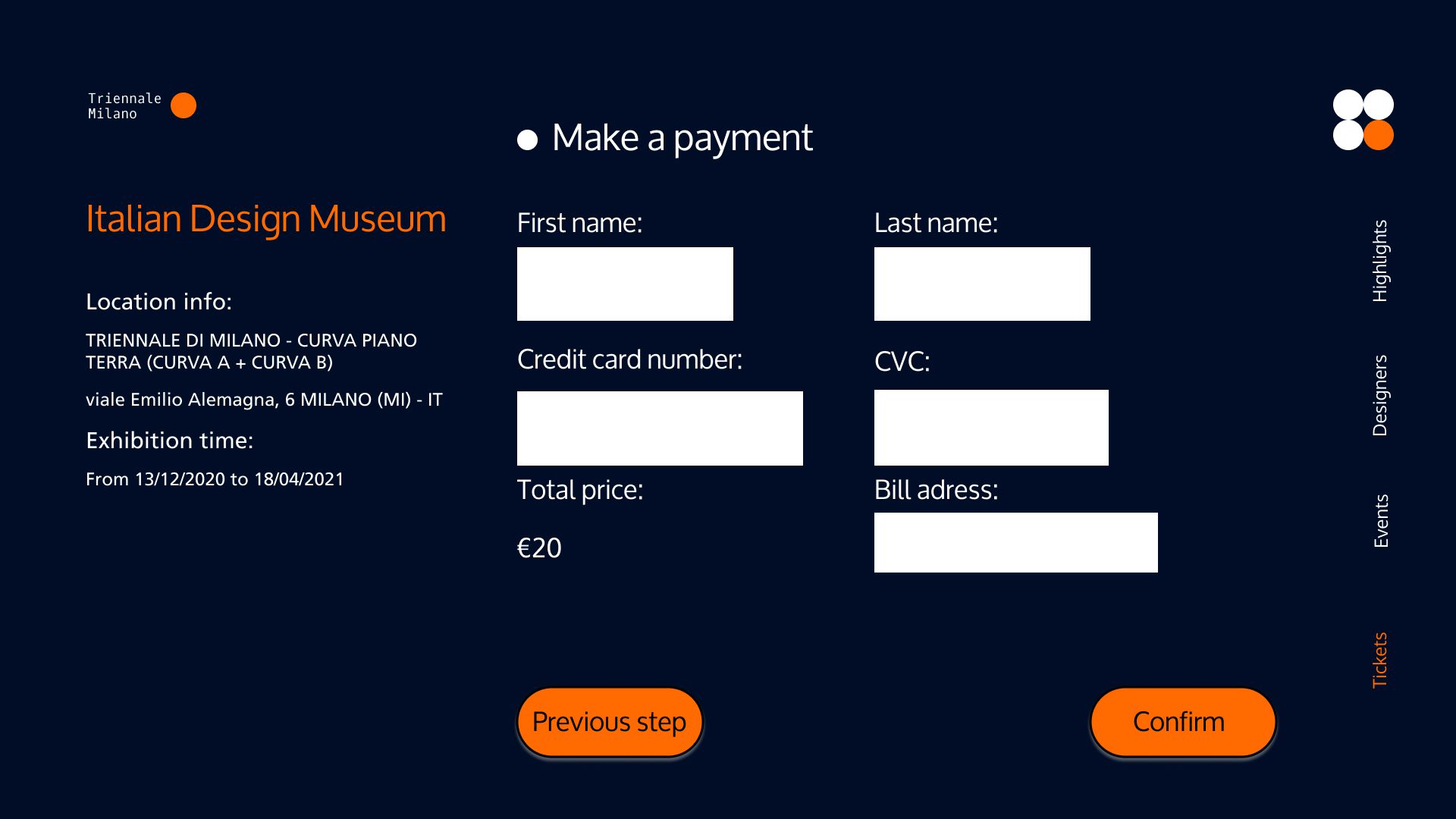 the purchase page for entering users information and credit card number