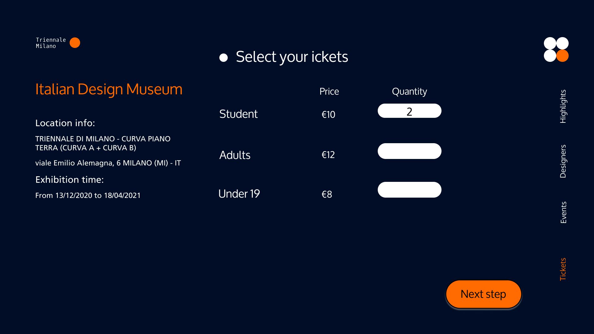 the ticket selection page