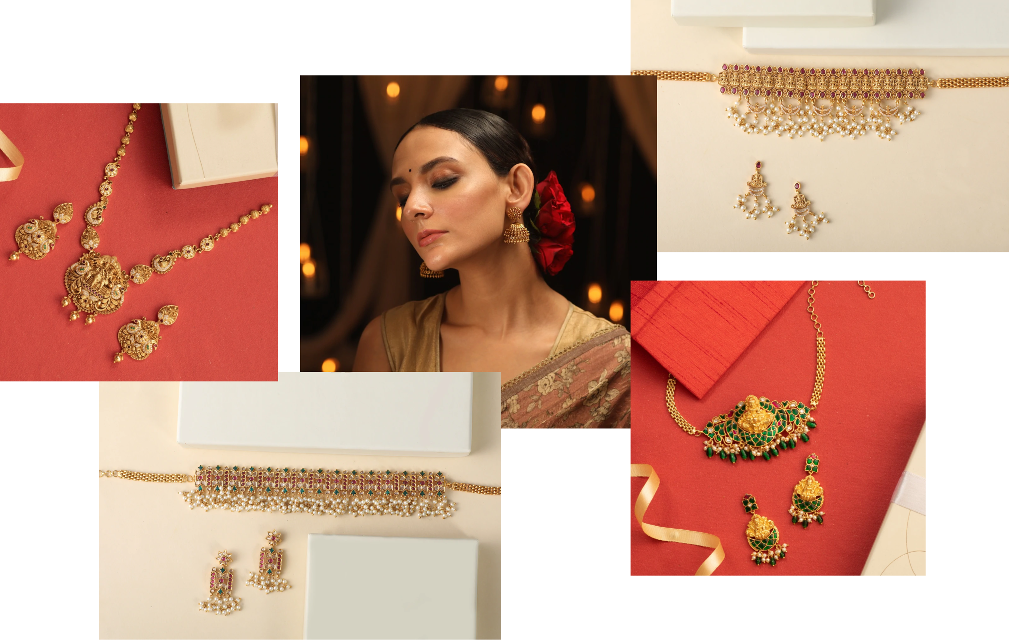 photo collage of indian jewelry sets and models wearing it
